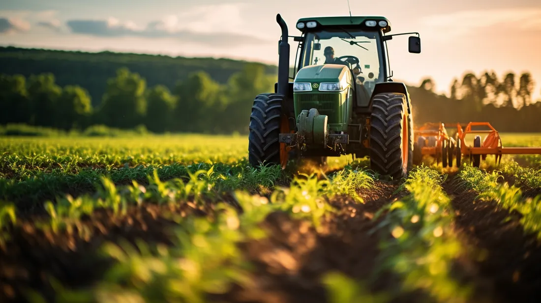 Trator com implemento agrícola em operação na lavoura ao entardecer